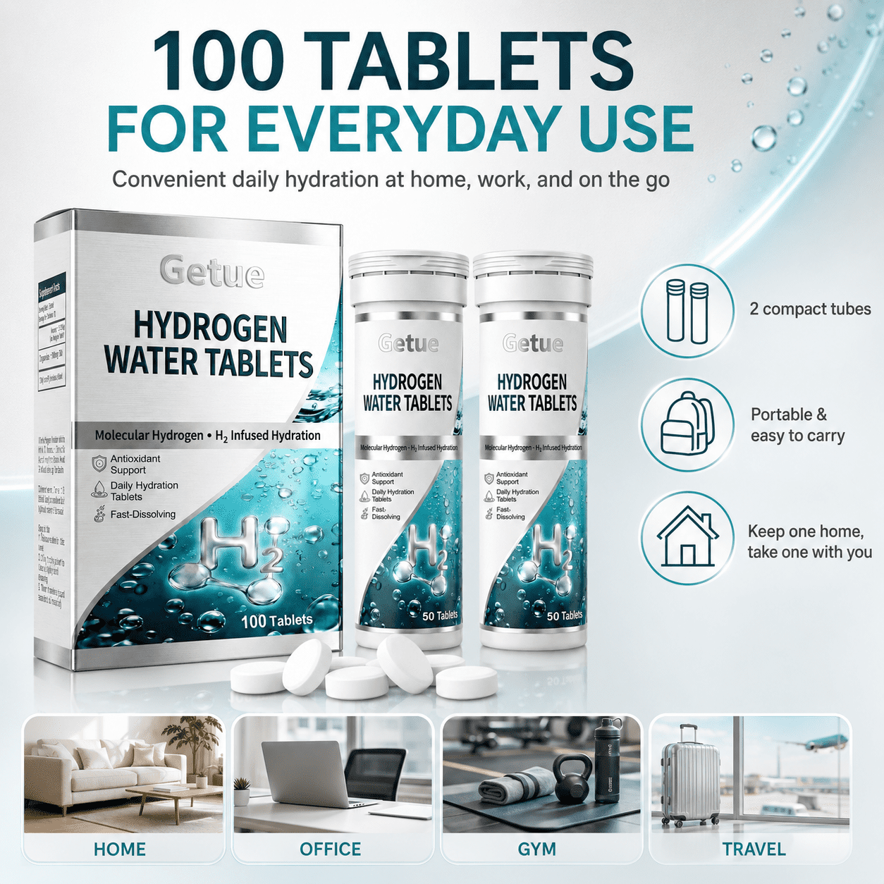 Getue Hydrogen Water Tablets,100 pieces of large packaging support, suitable for both men and women, meeting daily life needs