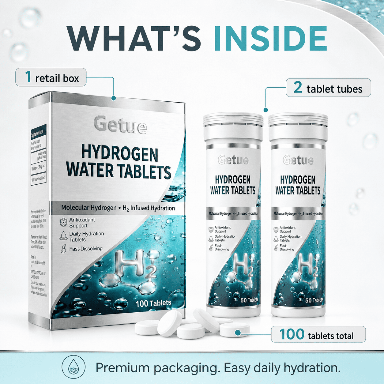 Getue Hydrogen Water Tablets,100 pieces of large packaging support, suitable for both men and women, meeting daily life needs