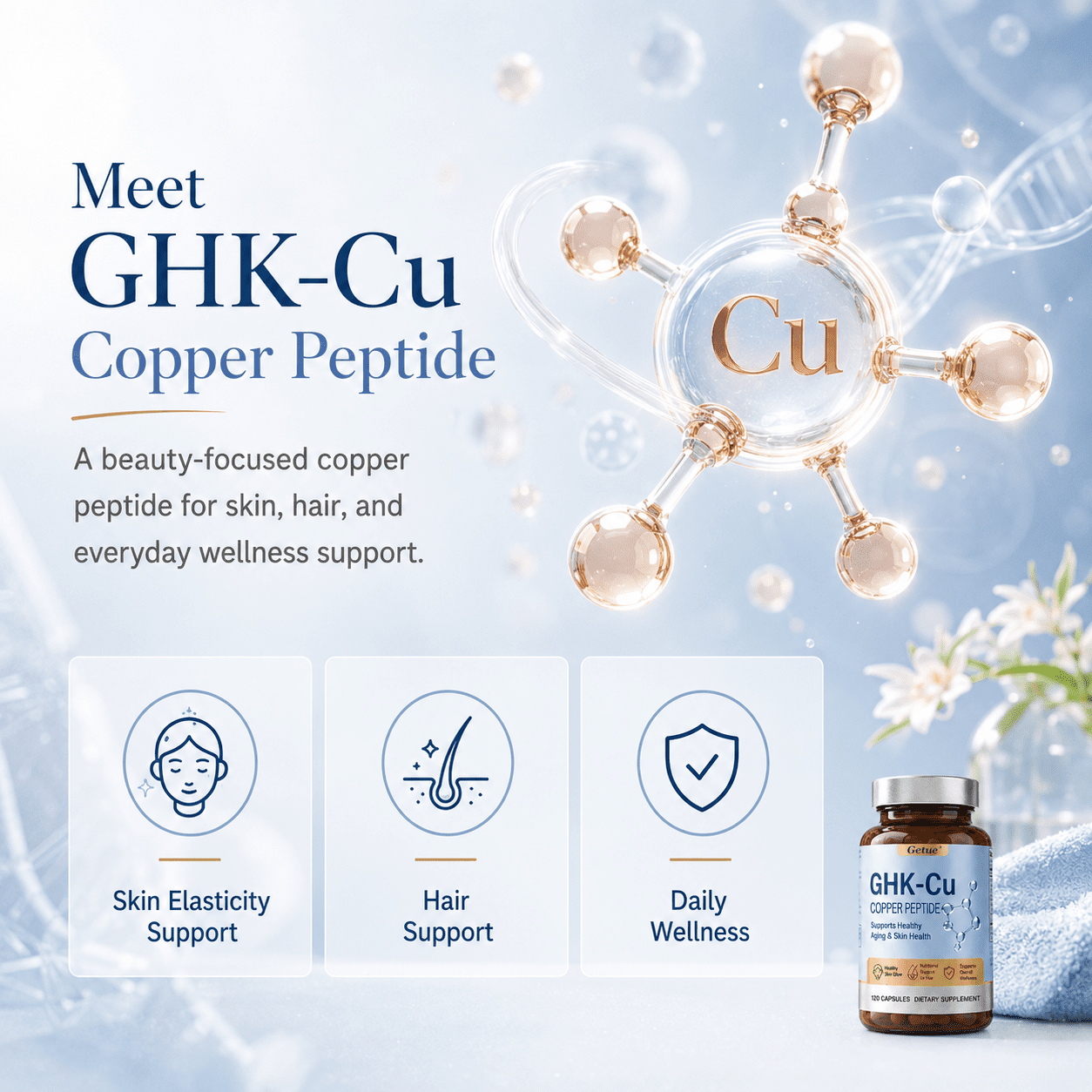 GHK-Cu Copper Peptide Supplement, 120 Vegan Capsules High Potency Promotes Skin Repair, Radiant Skin Elasticity, Anti-Aging & Hair Growth Support