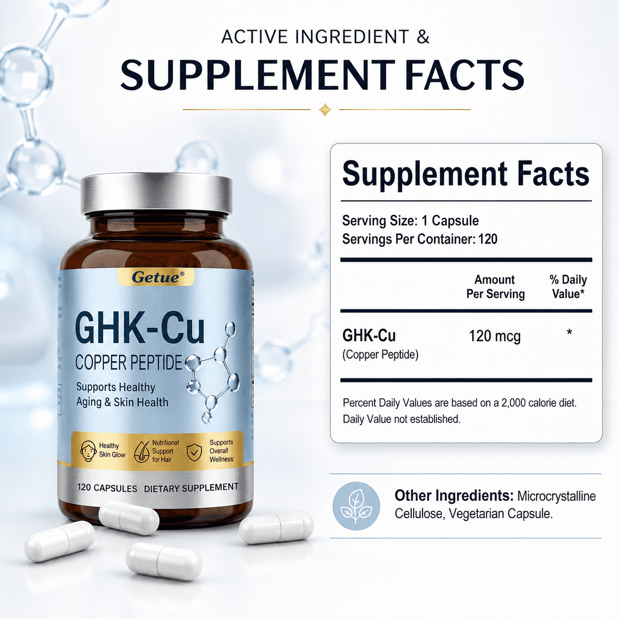 GHK-Cu Copper Peptide Supplement, 120 Vegan Capsules High Potency Promotes Skin Repair, Radiant Skin Elasticity, Anti-Aging & Hair Growth Support