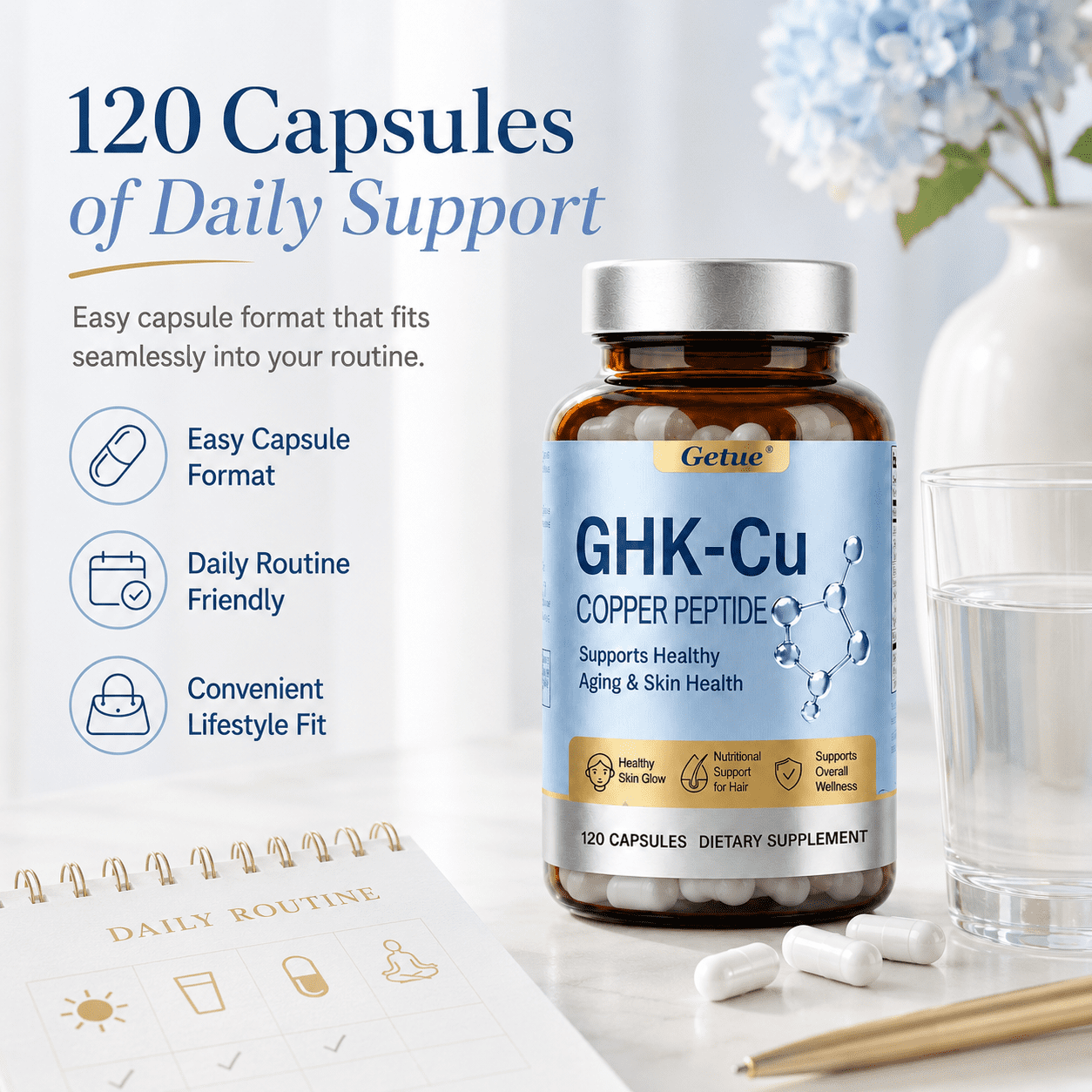 GHK-Cu Copper Peptide Supplement, 120 Vegan Capsules High Potency Promotes Skin Repair, Radiant Skin Elasticity, Anti-Aging & Hair Growth Support