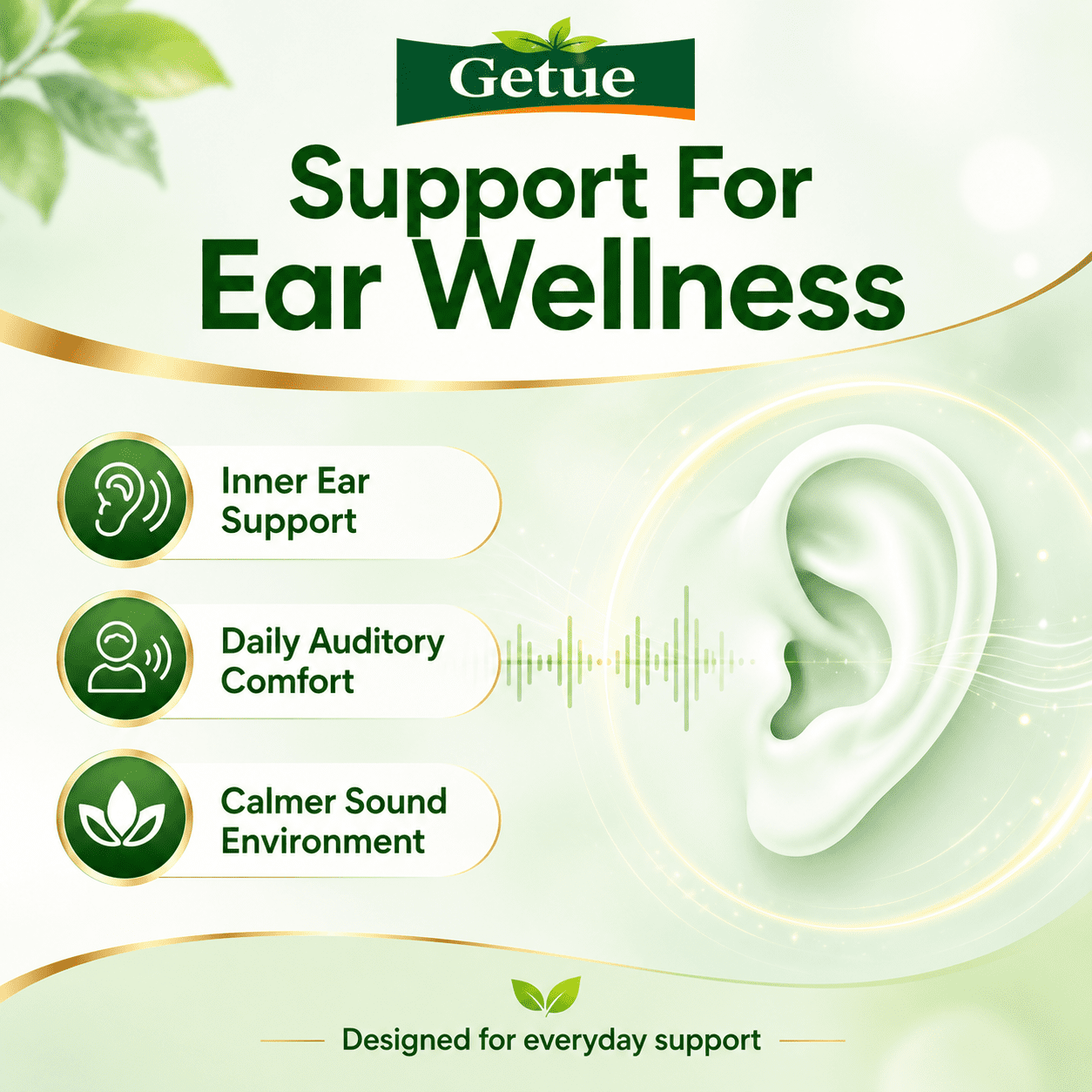 Getue Advanced Ear Health Supplement 120 Capsules, Inner Ear Support Formula for Auditory Comfort & Circulation, Daily Wellness