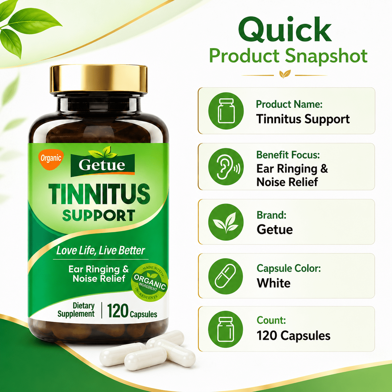 Getue Advanced Ear Health Supplement 120 Capsules, Inner Ear Support Formula for Auditory Comfort & Circulation, Daily Wellness