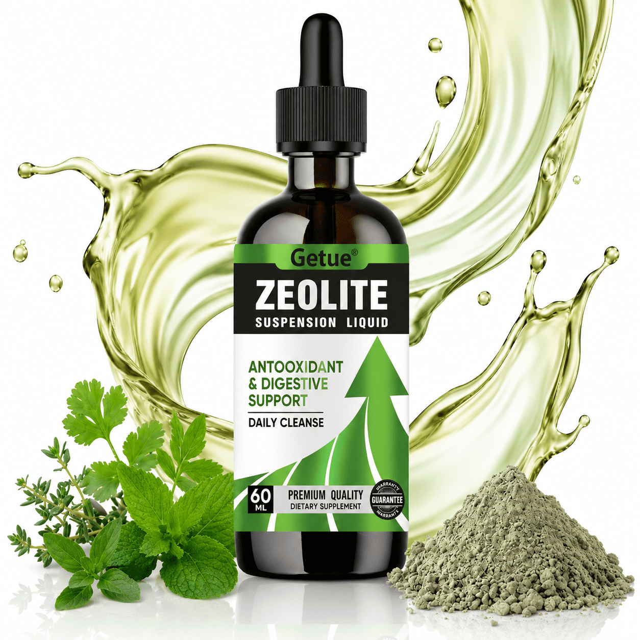 Getue Zeolite Suspension Liquid Drops 60ml, Micronized Clinoptilolite and Organic Chlorella for Daily Cleanse, Antioxidant and Digestive Support
