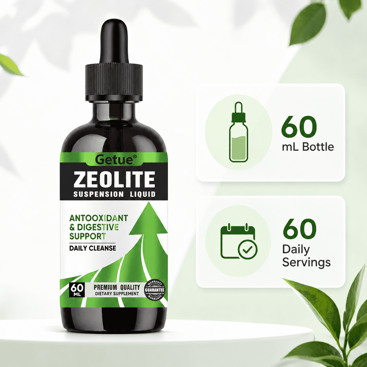 Getue Zeolite Suspension Liquid Drops 60ml, Micronized Clinoptilolite and Organic Chlorella for Daily Cleanse, Antioxidant and Digestive Support