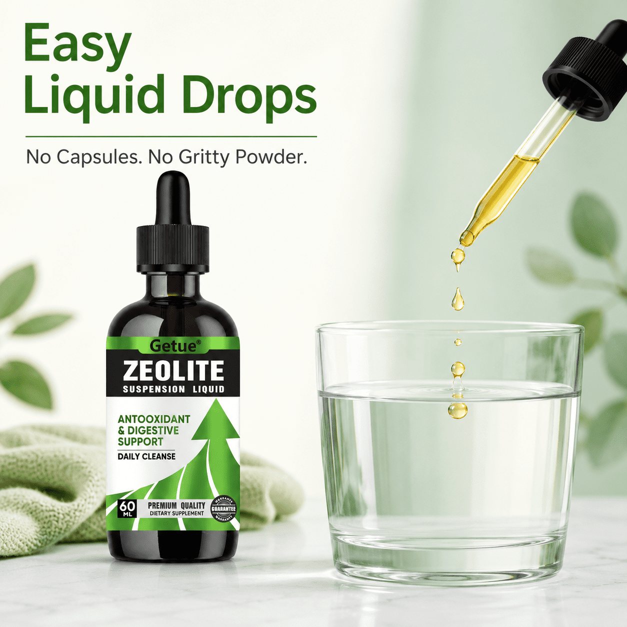 Getue Zeolite Suspension Liquid Drops 60ml, Micronized Clinoptilolite and Organic Chlorella for Daily Cleanse, Antioxidant and Digestive Support